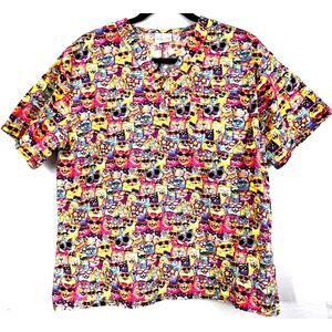 Rose Scrubs Top - Womens Small-Cats with Sunglasses - Vet Medical Tech Nurse SS